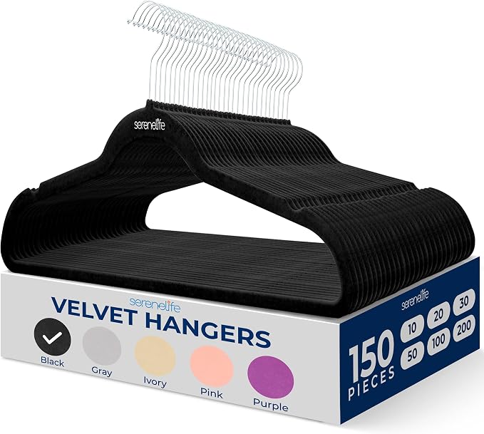SereneLife Velvet Hangers – 150 Pack, Slim & Space Saving for Closets | Soft velvet grip prevents slipping on silk, satin & knitwear – 360° swivel hook fits all standard closet rods