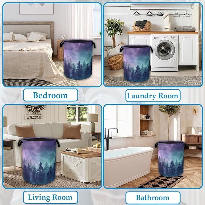Starry Sky Forest Large Storage Basket Collapsible Laundry Basket Oxford Storage Bin for Gift Baskets Bedroom Clothes Hamper 16" X 20.8"