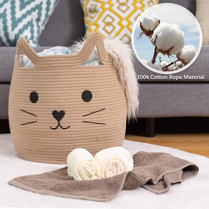 VK VK·LIVING Animal Baskets Large Woven Cotton Rope Storage with Cute Cat Design Laundry Organizer for Towels, Blanket, Toys, Clothes, Gifts – Cat Toy Box Pet or Baby Gift Baskets 15"Lx14H"