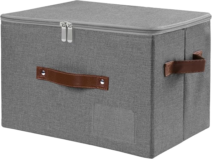 ANMINY Storage Bins with Zipper Lid Storage Boxes with Label Holder PU Leather Handles Washable Foldable Decorative Lidded Cotton Linen Fabric Cubes Baskets Closet Organizer - Gray, Medium
