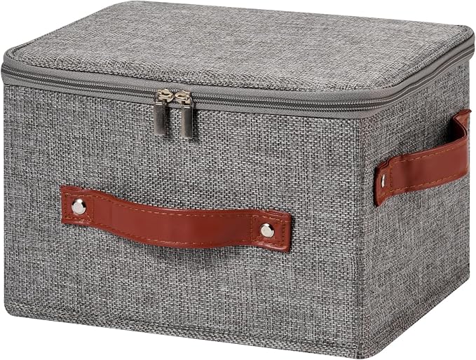 Storage Bin Box with Zippered Lid Cotton Linen Fabric Decorative Basket with PU Leather Handles PP Plastic Board Foldable Lidded Clothing Shelf Closet Organizer Container (Gray, Small)