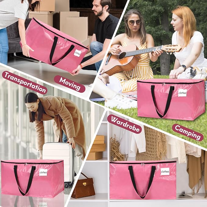 2-Pack Extra-Large Heavy-Duty Storage Totes with Reinforced Handles, Durable Zippers & Waterproof Material — Perfect for Space-Saving, Moving, Shipping and Travel (PINK)