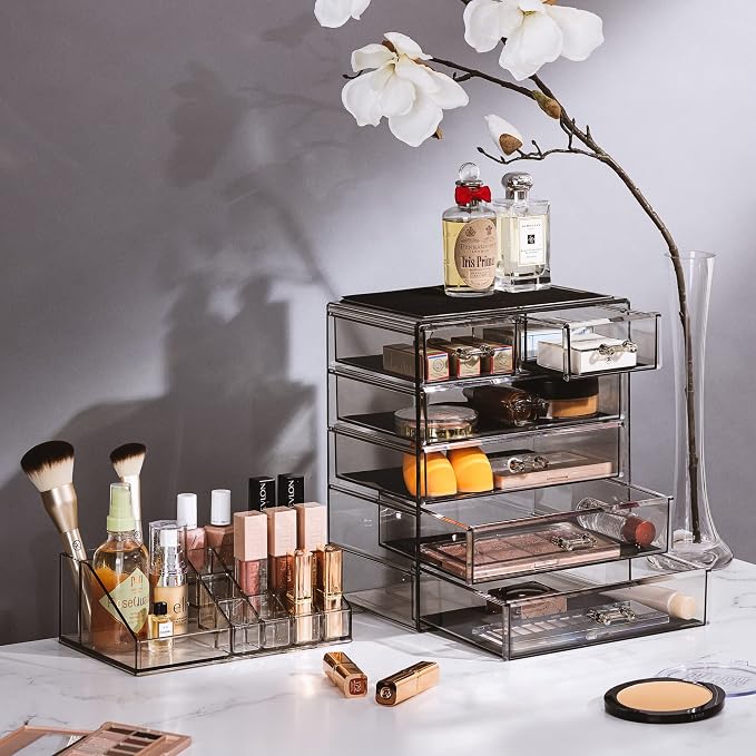 Sorbus Acrylic Makeup Organizer Set, 6-Drawer Vanity & Countertop Cosmetic Storage with Small & Wide Compartments, Black-Tint Makeup Storage for Brushes, Jewelry – Holiday Gift for Women & Teens