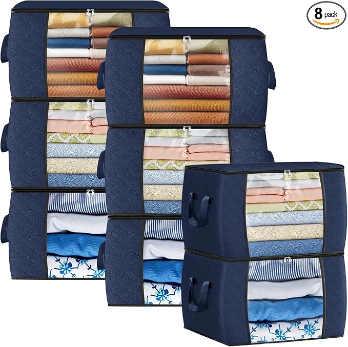 Fab totes 24 Gallons Clothes Storage, Foldable Thick Fabric Blanket Storage Bags,Containers for Organizing Bedroom, Closet, Clothing, Comforter,Organization with Handle (8 Pack,Blue)