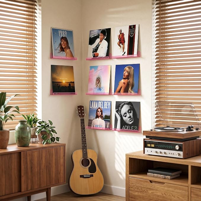 Vinyl Record Wall Mount Shelves, 12 inch Vinyl Holder, 8 Pack, Pink | Acrylic Floating Shelves for Album Record Storage Display, Wall Decor, Magazine Rack, Kids Bookshelf, Picture Ledge