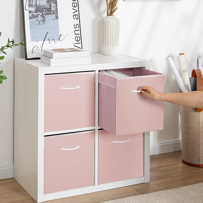 StorageWorks Pink Storage Cubes, 13x13 Storage Cube Bins with Handle, Cube Storage Organizer Bins for Shelves and Closet, Collapsible Storage Bins, 4-Pack