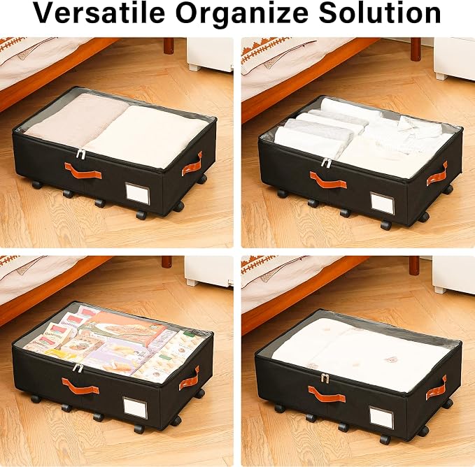 Freebat Under Bed Storage Organizer with Wheels 2 Pack, 7.5 inches Height Underbed Container with Clear Lid Cover, Storage Bag Box with Visiable Window for Clothes, Bedsheet, Pillow