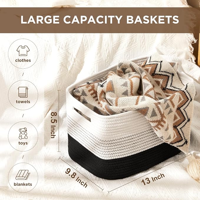 Temary Woven Storage Baskets, Set of 3 Rope Baskets for Storage Clothes, Towels, Versatile Boho Storage Bins (White&Black, 13"x9.8"x8.5")