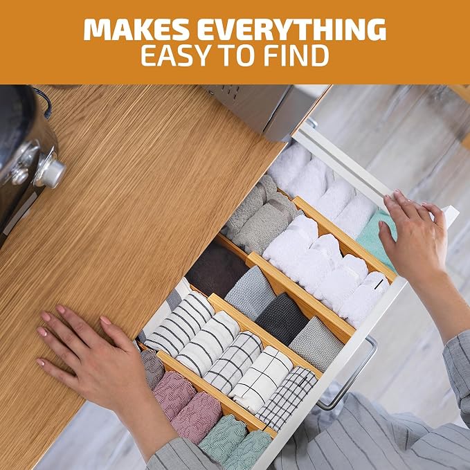Bamboo Drawer Dividers 6 Pack - Adjustable 16-22 Inch Spring Loaded Deep Drawer Organizer Separators, 2.6 Inch High Non Slip Bamboo Dividers for Kitchen, Dresser, Clothes, Utensils, Bathroom, Office