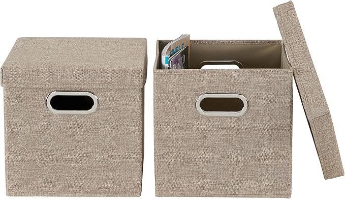 Household Essentials 802-1 Café Cube Bin Storage Set with Lids and Handles | 16 Pack, Brown Linen
