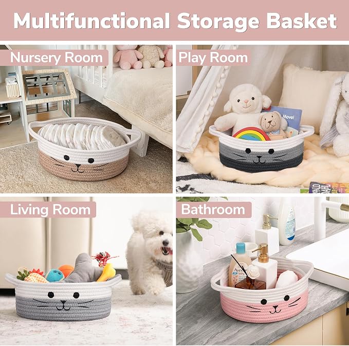 Cute Cat Toy Basket, Decorative Baby Gift Basket for Girls, Small Woven Baskets for Nursery Living Room, White & Pink, 9.8 x 4 inches