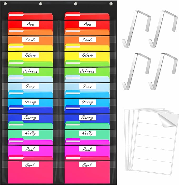 Storage Pocket Chart, Heavy Duty Wall File Organization Folder with 20 Clear File Pockets, 20 Blank Dry-Erase Name Stickers Plus 4 Over Door Hooks for Files, Classroom & Office (Black, 28.5” X 47”)