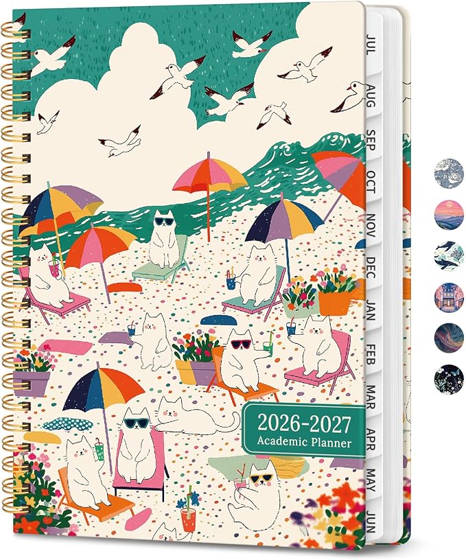 Planner 2026-2027, Hardcover Monthly and Weekly Academic Planner July 2026 - June 2027, Teacher and Student Calendar Agenda Book with Tabs, A5 (6.3" x 8.5"), Ideal for School and Office, Cat Beach
