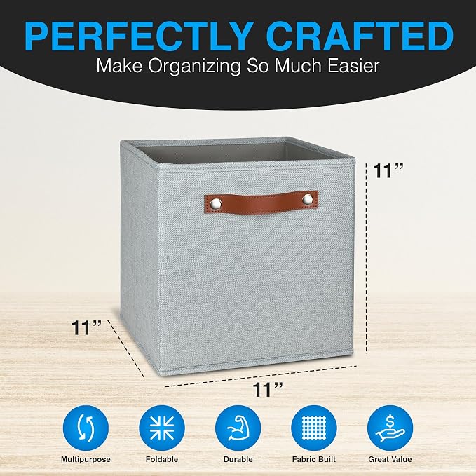 11 Inch Cube Storage Bin - 6 Pack - Linen Fabric 11x11 Cube Storage Bins for Bedroom, Living Room, Clothes and Toys; Foldable, Dual Leather Handles