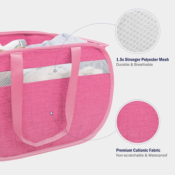 Collapsible Laundry Baskets, Foldable Tear Proof Pop Up Hamper with Reinforced Carry Handles, Durable Laundry Hamper for Home, Laundry, Bathroom, Dorm or Travel (Pink)