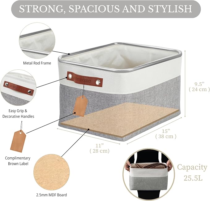 DECOMOMO Storage Bins, Large Fabric Storage Baskets for Shelves, Decorative Linen Closet Organizer, 15 x 11 x 9.5 inches (Grey & White, 3 Pack)