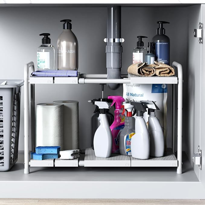 Simple Houseware Under Sink 2 Tier Expandable Heavy Duty Metal Shelf Organizer Rack, White (Expand from 15 to 25 inches)