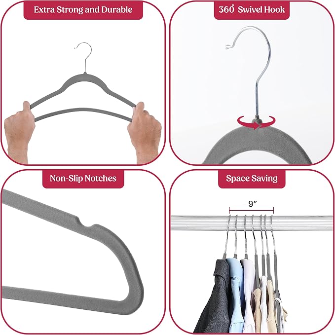 LDC Grey Velvet Hangers 30 Pack - Premium Non-Slip Clothes Coat Pants Felt Hanger for Closet - Heavy Duty Space Saving 360° Swivel Hook Hangars - Grey