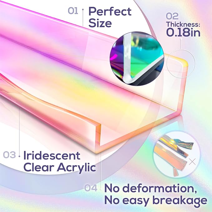 YMVV Large Iridescent Clear Acrylic Wall Mounted Floating Shelf, Perfume Organizer Shelf,Modern 15.7 IN Thickened Bathroom Storage Toy Display Organizer Decor 4 Pack