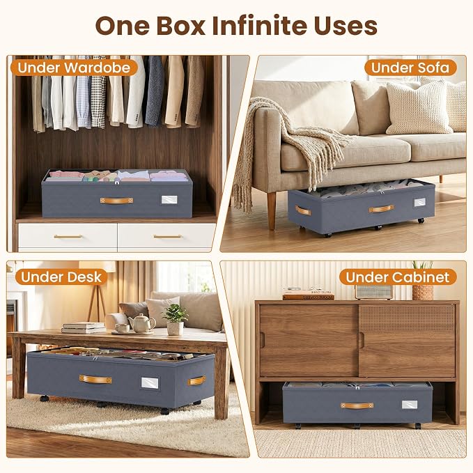 Budding Joy Under Bed Storage with Wheels 2Pack, 80L- Height Adjustable Underbed Containers with Clear Lids, Rolling Under Bed Shoe Storage Organizer for Dorm Home Clothes, Blankets, Toys, Grey