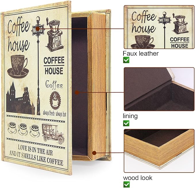 PACOLO Decorative Book Boxes, Faux Wood with Magnetic cover Storage for Hidden Jewelry, Money, and Cash (Coffee house)