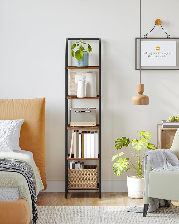 Hzuaneri Bookshelf Bookcase Narrow Bookcase Shelf Organizer with Steel Frame for Study Living Room Bedroom Kitchen Home Office Industrial Bookshelf 5-Tier Rustic Brown BC55001B