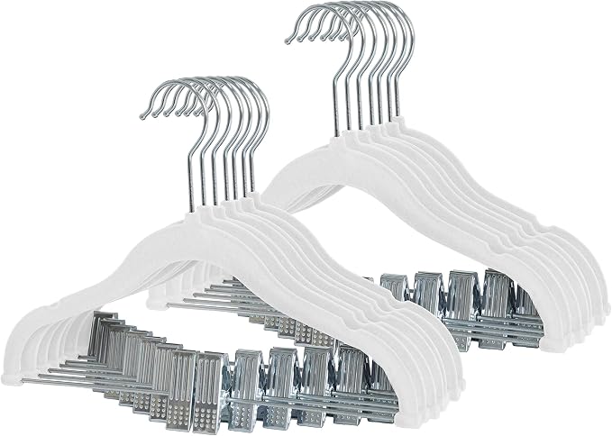 Finnhomy Non-Slip Clothes Hangers for Baby and Kids 20-Pack Velvet Hangers with Movable Clips, Heavy-Duty and Space-Saving for Pants,Skirts, Coat, White