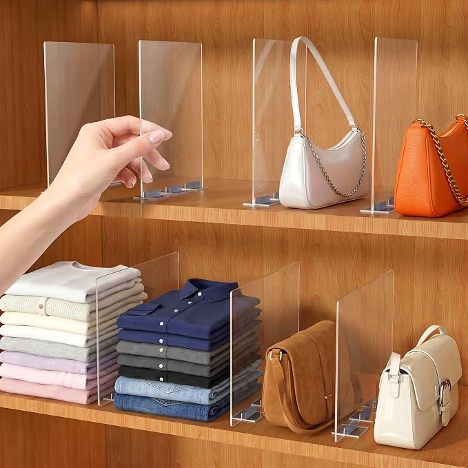 Acrylic Shelf Dividers for Closet Organization: 8 Pack Clear Removable 10/11.8" Tall X 11.8/10" Deep Clipless Separators for All Cabinets, Vertical Adjustable Storage Clothes, Purse, Bag Organizer