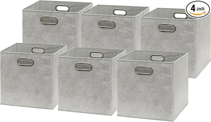 Simple Houseware 11-Inch Collapsible Fabric Cube Storage Bin with Handles, Printed Design, 6 Pack, Gray