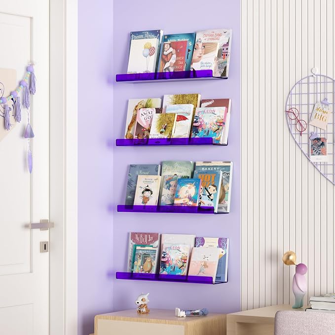 upsimples 4 Pcs 15" Acrylic Shelves for Wall Decor and Display, Purple | Cute Floating Shelf for Perfume, Skincare, Nail Polish, Wall Organizer for Bedroom, Living Room, Playroom, Room Décor