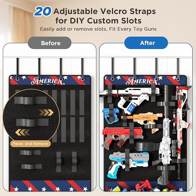 Over the Door Organizer for Toy Guns, Toys Storage Door Hanger with Pockets and Slots for Kids Foam Blasters, Darts, Goggles, Over Door Toys Storage Organizer, for Kids Rooms, Game Rooms, Blue Red