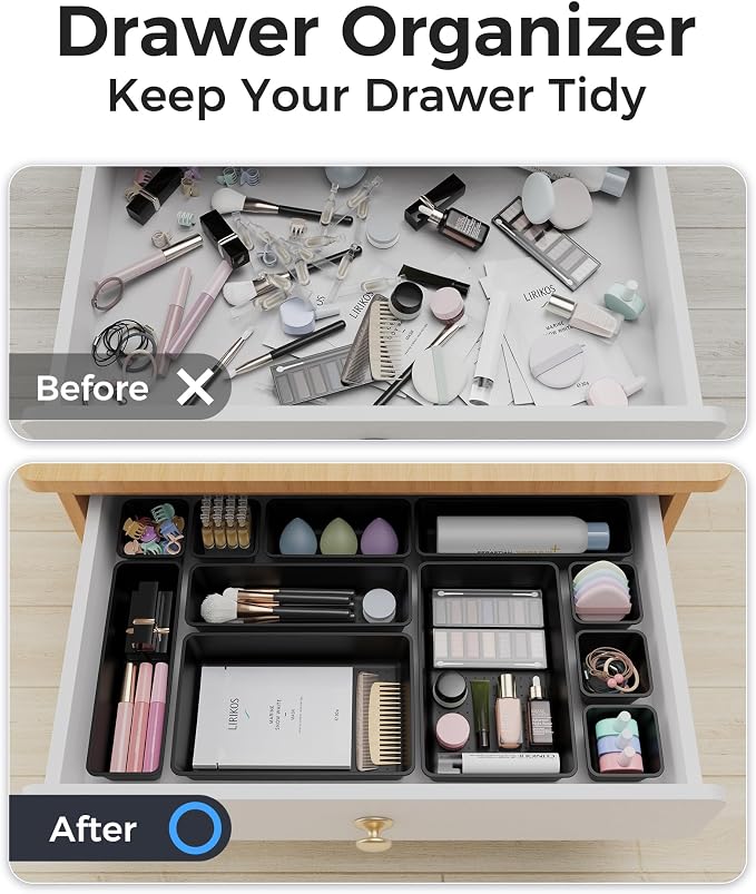BiuLeon 25 PCS Plastic Drawer Organizers Set, 4-Sizes Vanity and Makeup Organizer, Desk and bathroom Drawer Organizer Trays, Organizers and Storage for Makeup, Jewelry, Gadgets, Utensils (Black)