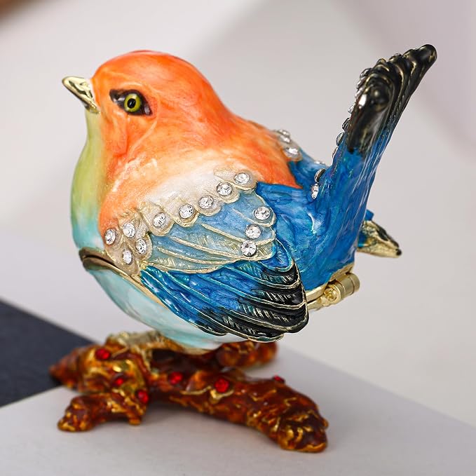 Hand Painted Enamel Robin Bird Trinket Box for Home Decor, Hinged Jewelry Organizer for Ring Earrings, Unique Figurine Keepsake Collectible Personalized Handmade Ornament Gifts (Multi-Sparrow)