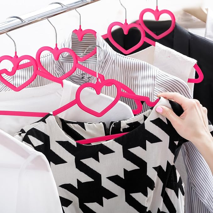 Qunclay 50 Pcs Hot Pink Velvet Heart Hangers, Non-Slip Felt Clothes, Heavy Duty Sturdy Heart Clothes Coat Hanger, Cute Kawaii Room Decor for Adult Women, Space Saving No Hanger Mark, 360° Swivel Hook