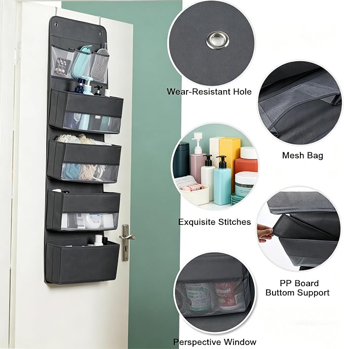 Jay-Chi Over Door Hanging Organizer Storage - 7 Large Pockets Closet Bathroom Organizer Perspective Window Wall Mount Rack for Clothes Sundries(Grey)