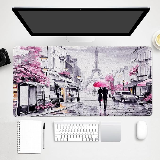 Lokigo Desk Mat for Keyboard and Mouse, Large Mouse Pad, Paris Eiffel Tower Desk Pad Mat, Romantic Gray Pink Large Desk Mat for Girls Women, Pink, 35.4"x15.7"