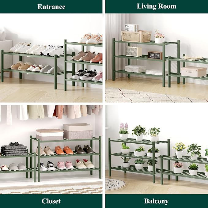 Smiry Bamboo Shoe Rack for Closet, 3 Tier Wooden Shoe Organizer, Stackable Wood Shoe Storage Shelf for Entryway, 14 Vertical Slats, One-piece Heavy-Duty Legs, 26.77"x11.02"x18.31", Green