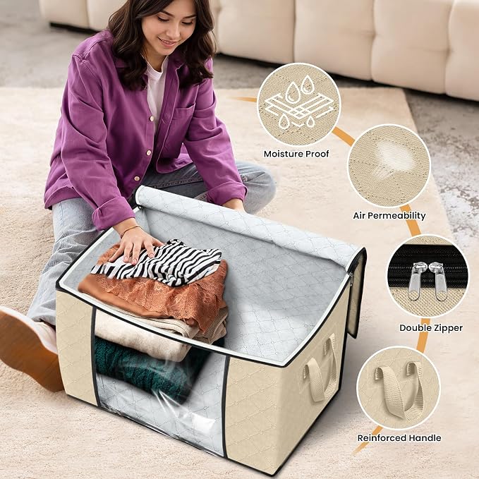 Fab totes 24 Gallons Clothes Storage, Foldable Thick Fabric Blanket Storage Bags, Containers for Organizing Bedroom, Closet, Clothing, Comforter, Organization with Handle (6 Pack,Beige)