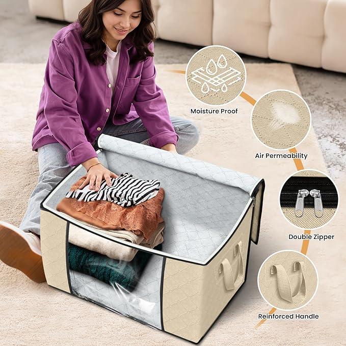 Fab totes 24 Gallons Clothes Storage, Foldable Thick Fabric Blanket Storage Bags, Containers for Organizing Bedroom, Closet, Clothing, Comforter, Organization with Handle (10 Pack,Beige)