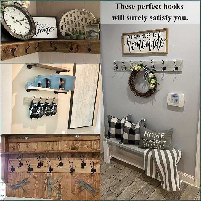 Hajoyful Rustic Entryway Hooks-12 Pack Farmhouse Hooks with Metal Screws Included, Black Decorative Wall Mounted Rustic Coat Hooks Rack, Double Vintage Organizer Hanging Wire Hook Clothes Hanger