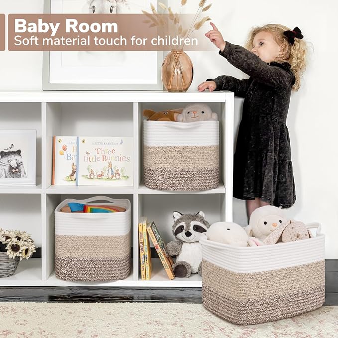 Goodpick Woven Storage Basket, 13"x10"x9" Cotton Rope Organizer for Dog Toys, Books, Stylish Gift Basket with Handles, Small Laundry Baskets for Shelves, Gradient Brown