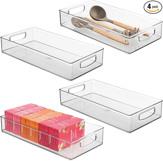 iDesign Stackable Clear Plastic Extra Long Pantry Organizers, 4-Pack | Cabinet Storage Bins, For Kitchen