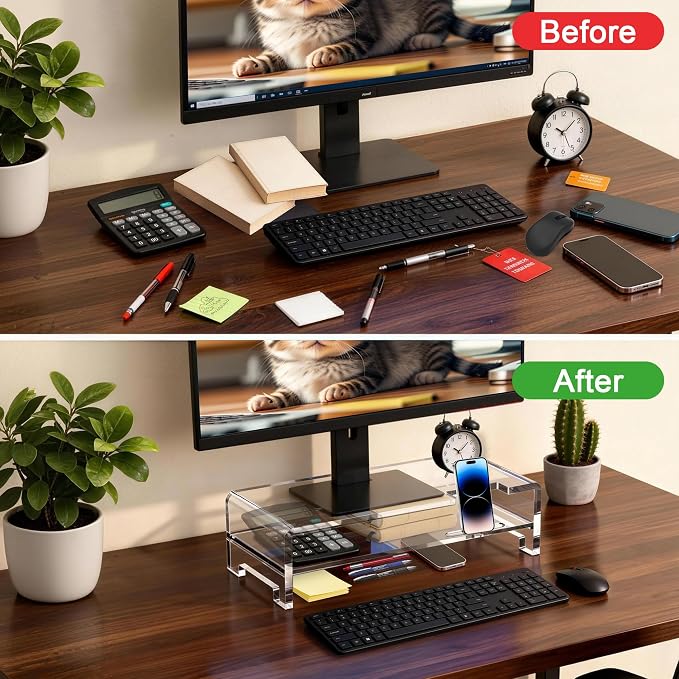 Acrylic Monitor Stand Riser L16''xW7.5''xH4.7'' 2-Tier Acrylic Laptop Stand Clear Computer Stand Laptop Riser with Storage Desk Organizer Accessories for Home and Office