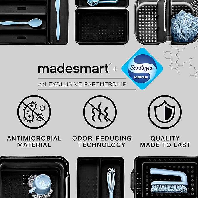 madesmart Classic 16 x 8 Storage Bin, Carbon | non slip feet, rounded corners, open compartment, soft grip lining, utensils tools supplies, office craft items, woman owned
