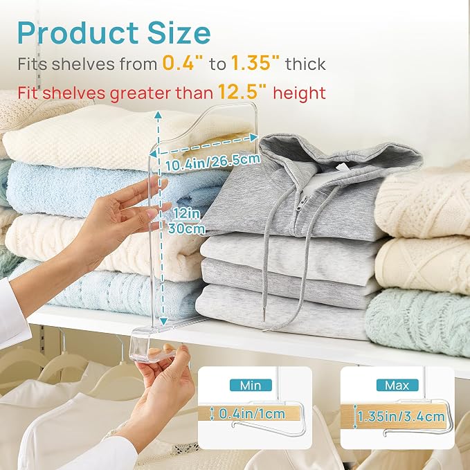 Vtopmart 12" Extra Tall x 12" Deep Shelf Dividers for Closet Organization, 4 Pack Clear Closet Organizers for Deep Shelves, Maximizing Vertical Space for Sweaters, Jeans and Clothes Storage