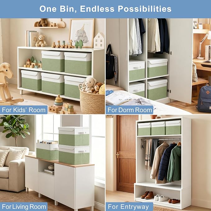 Bagnizer Large 22 Quart Linen Fabric Foldable Storage Bin Cube Organizer Basket with Flip-Top Lid & Handles, Clothes Blanket Box for Home, Office, Closet, Green & White, 4 Pack 14.6 x 9.5 x 9.5