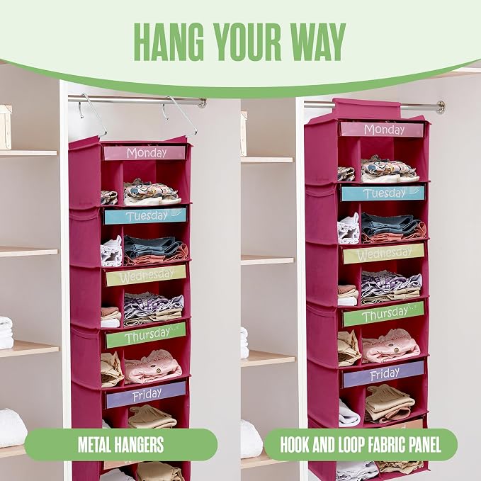 Houseables Kids Clothes Organizer, Weekly Clothes Organizer for Kids, Closet Daily Outfit Storage, Monday Through Friday Clothing Planner, Day of The Week, Weekday, School, Hanging, 6 Shelf, Pink