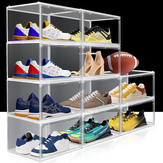 1 Pack Shoe Display Case Plastic Shoe Storage Box with Magnetic Acrylic Door Size 12.5, Transparent Sneaker Boxes Shoe Rack Substitute Closet Organizers Storage Bins, Easy Assembly