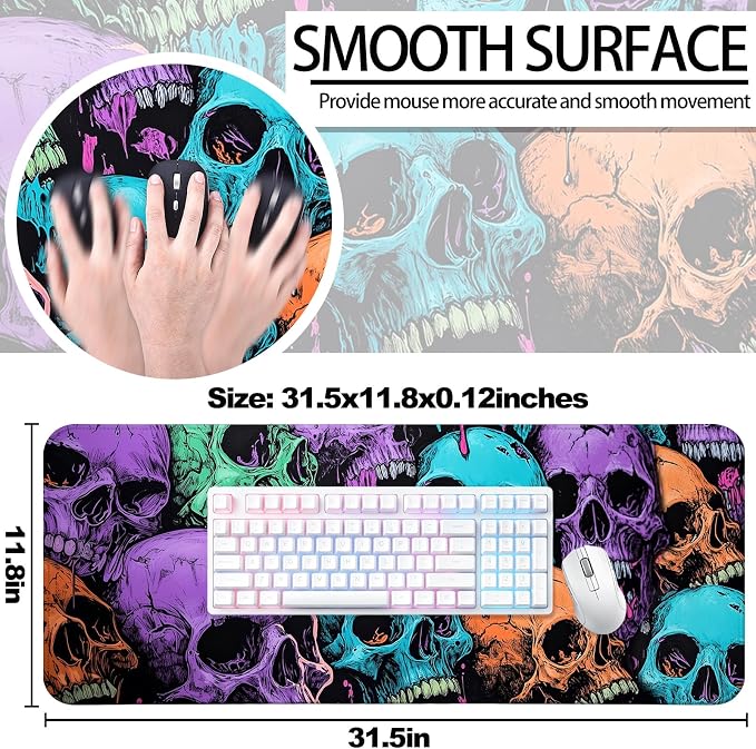 Scary Skull Gaming Desk Mat, Computer Keyboard Large Extended Cool Multi-Color Skull Mouse Pad for Office and Home, 31.5×11.8 Inches, XL