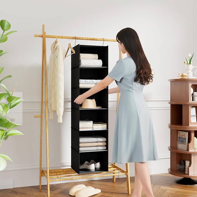 Hanging Closet Organizer 6-Shelf, Oxford Fabric Wardrobe Storage, Black | Easy-mount foldable design holds clothes, handbags, shoes & accessories; washable Oxford fabric, sturdy and space-saving.